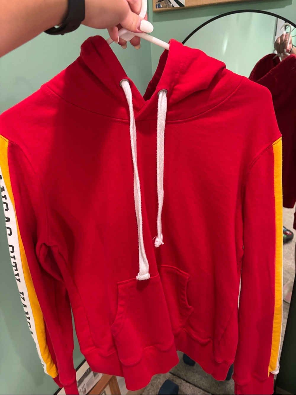 Red Hooded Sweatshirt with Contrast Sleeve Stripe
